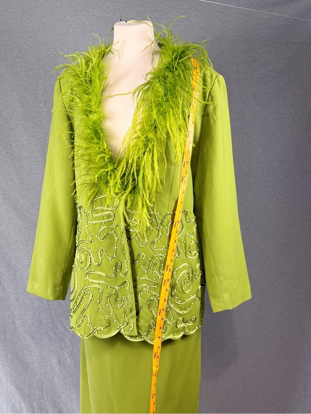 Vintage Psalm: CIV Lime Green Maximalist Skirt Set Sz 16 Faux Fur Statement Suit - Picture 3 of 14